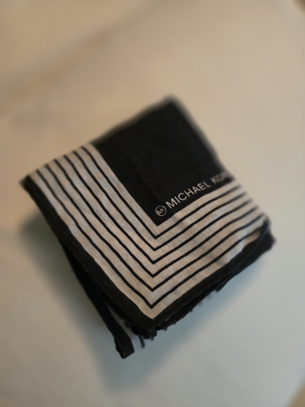 Michael Kors Black and White Striped Logo Scarf